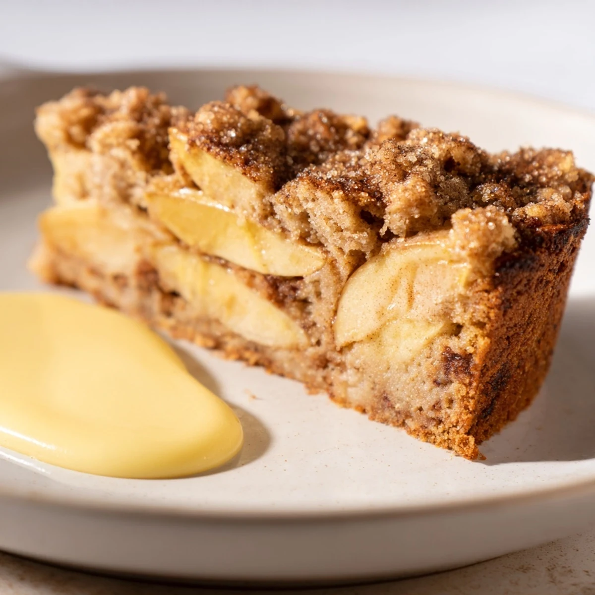 A slice of Irish Apple Cake with Warm Vanilla Custard on a plate, drizzled with creamy vanilla sauce.