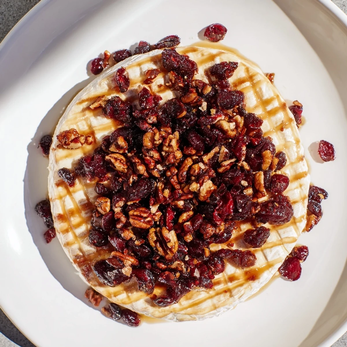 A close-up of baked brie with cranberry and pecan topping, the cheese bubbling and creamy on a rustic wooden board.