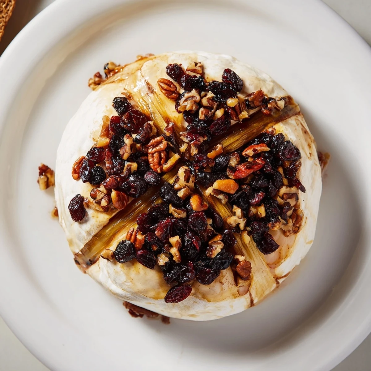 A festive wheel of baked brie with cranberry and pecan topping, melty and sweet-tart, perfect for a holiday appetizer spread.