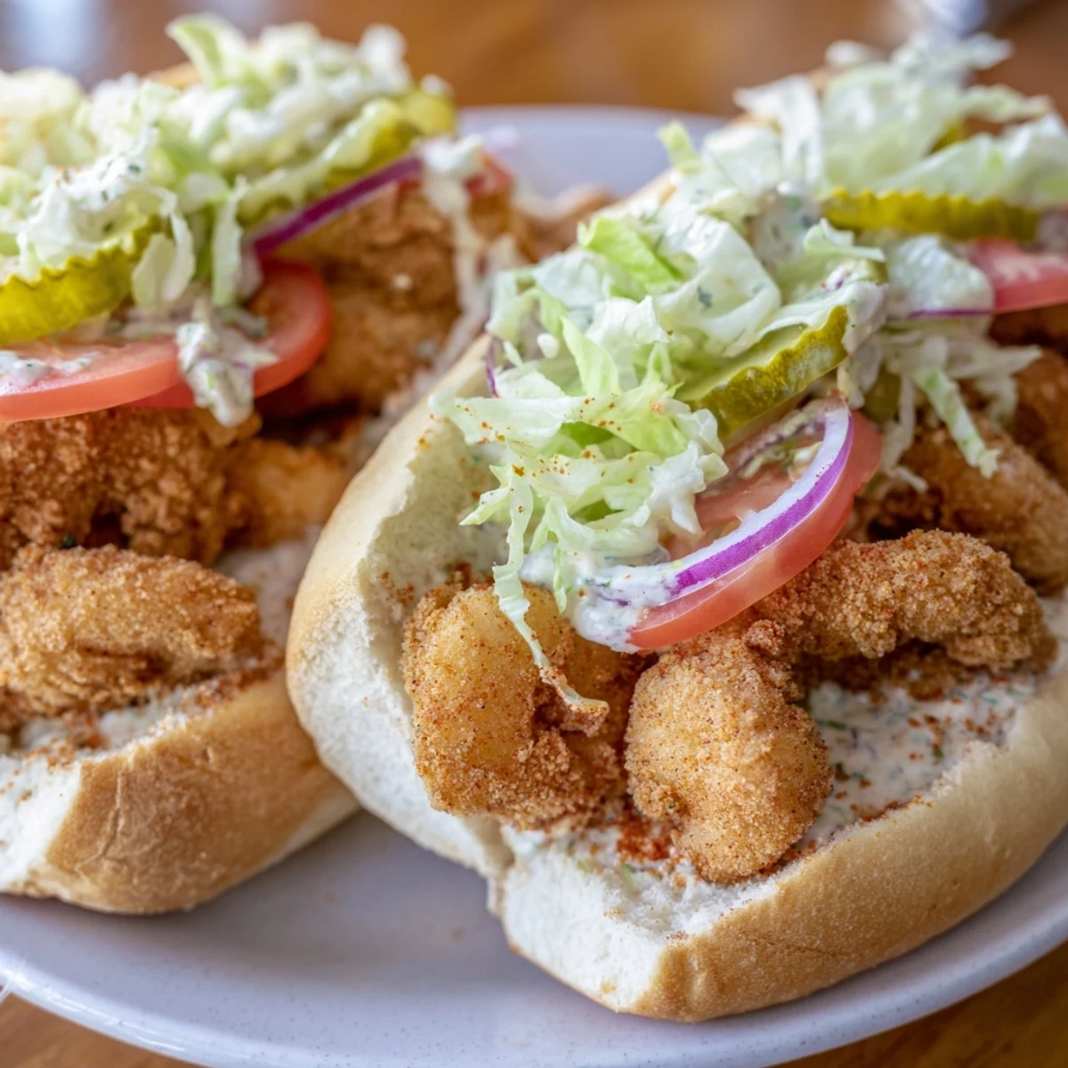 A close-up of a Southern Shrimp Po Boy Sandwich, showcasing golden fried shrimp, remoulade sauce, lettuce, tomato, and pickles on a soft French roll, ready to eat.