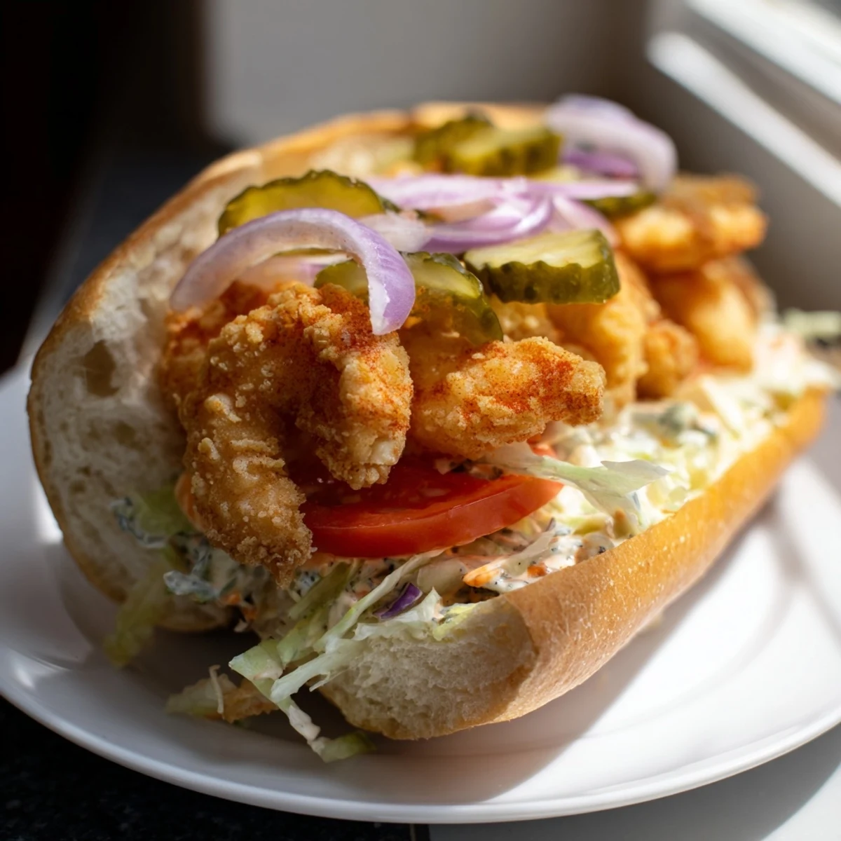 Freshly prepared Southern Shrimp Po Boy Sandwich, featuring plump fried shrimp and vibrant veggies, drizzled with creamy remoulade sauce for a delicious meal.