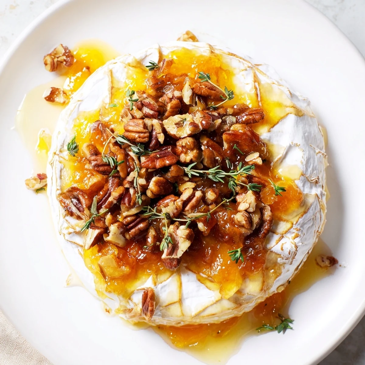 A warm, gooey wheel of baked brie with apricot preserves and pecans is served alongside crackers for dipping.  