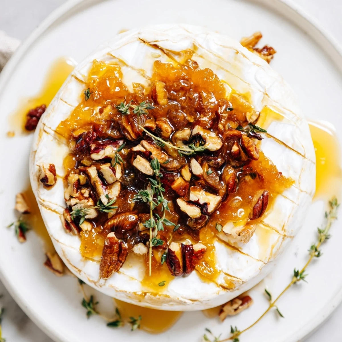 Savory baked brie with apricot preserves and pecans garnished with fresh thyme, ready to enjoy.  