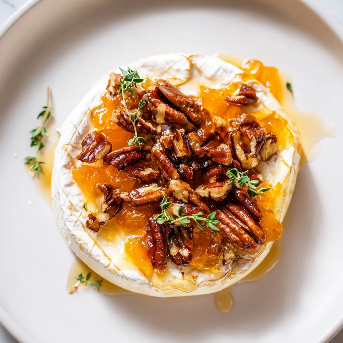 Decadent baked brie topped with sweet apricot preserves and crunchy pecans, perfect for entertaining.