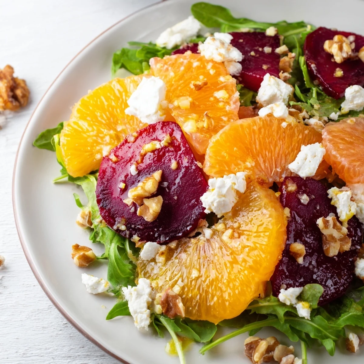 Vibrant roasted beet and citrus salad with peppery arugula, topped with crumbled goat cheese and toasted walnuts on a white plate.