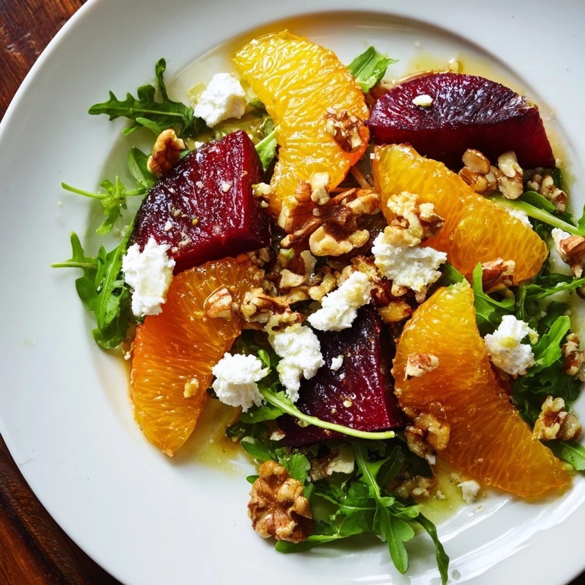 Colorful roasted beet and citrus salad with arugula, drizzled with zesty vinaigrette and sprinkled with creamy goat cheese.
