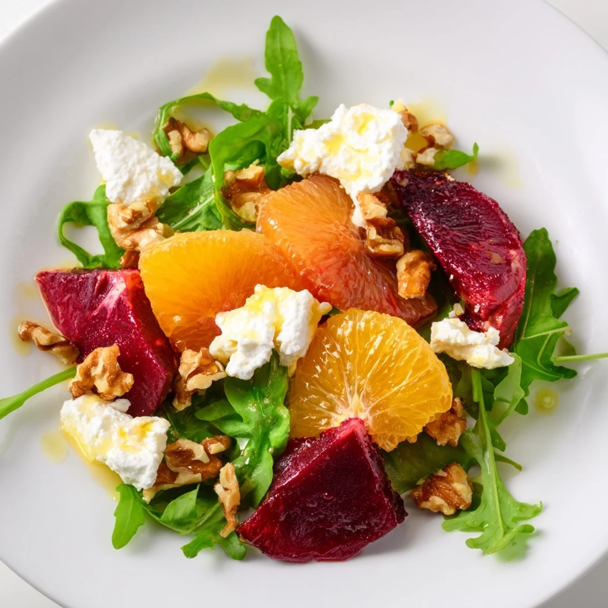 Sliced roasted beets and juicy orange segments on a bed of fresh arugula, garnished with chopped walnuts for a light, flavorful meal.