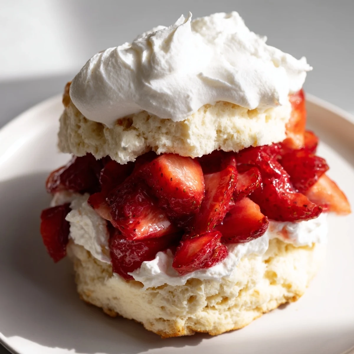 A close-up of Strawberry Shortcake with Homemade Biscuits showcases sweet, glistening berries and billowy cream stacked between tender biscuit halves on a rustic plate.