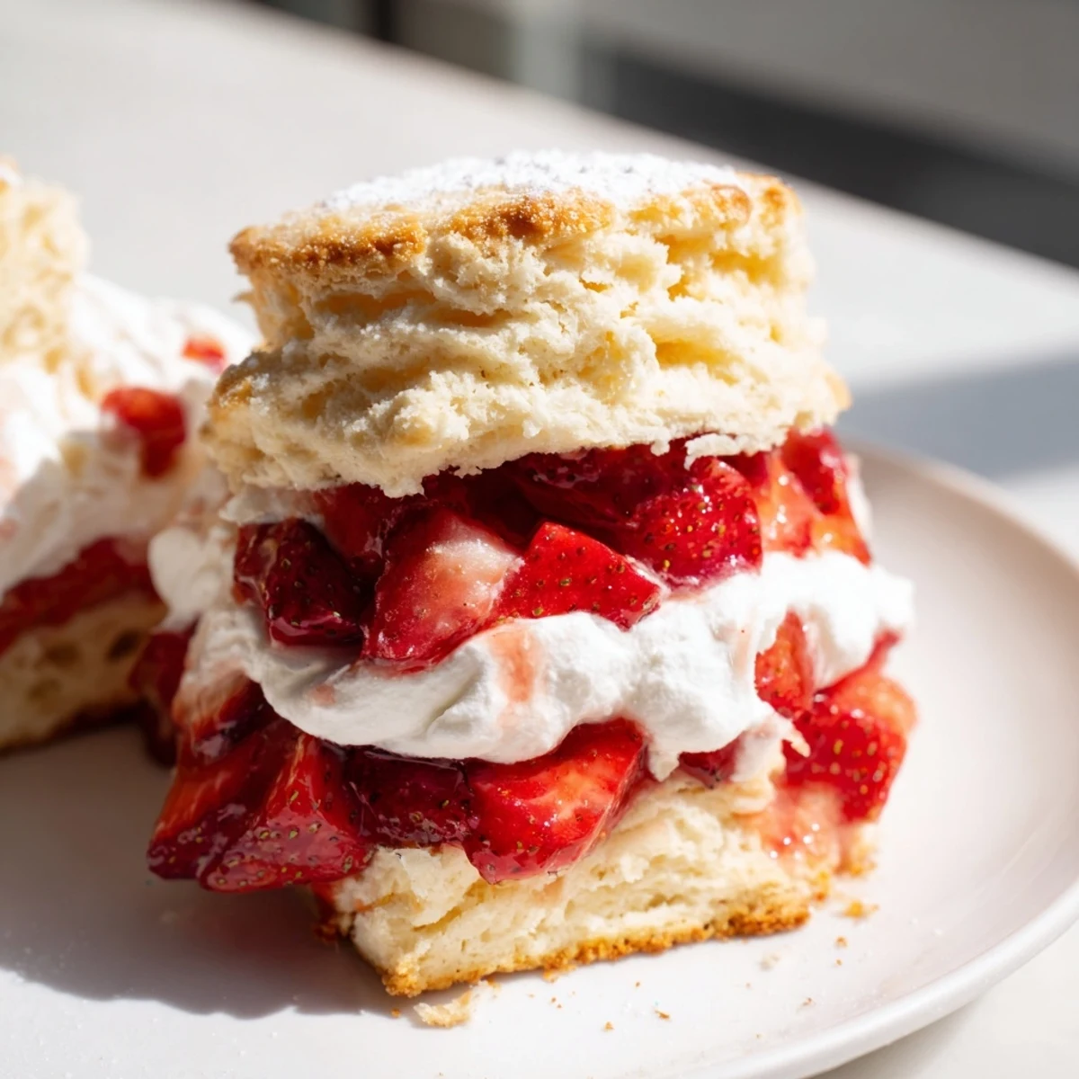 Freshly whipped cream and vibrant strawberries crown the split biscuits of this Strawberry Shortcake with Homemade Biscuits, inviting a taste of classic summer dessert.