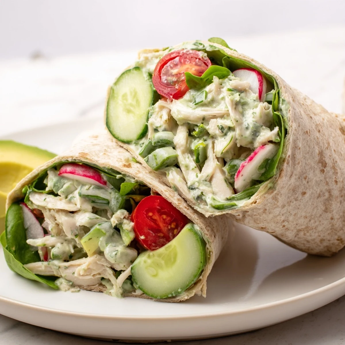 Sliced Green Goddess Chicken Salad Wraps revealing tender chicken, crisp cucumber, and creamy avocado in a whole wheat tortilla.