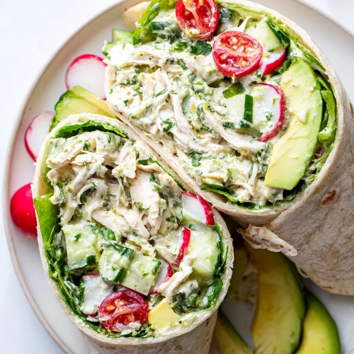 Freshly rolled Green Goddess Chicken Salad Wraps stuffed with baby spinach, cherry tomatoes, and radishes, drizzled with vibrant herb dressing.