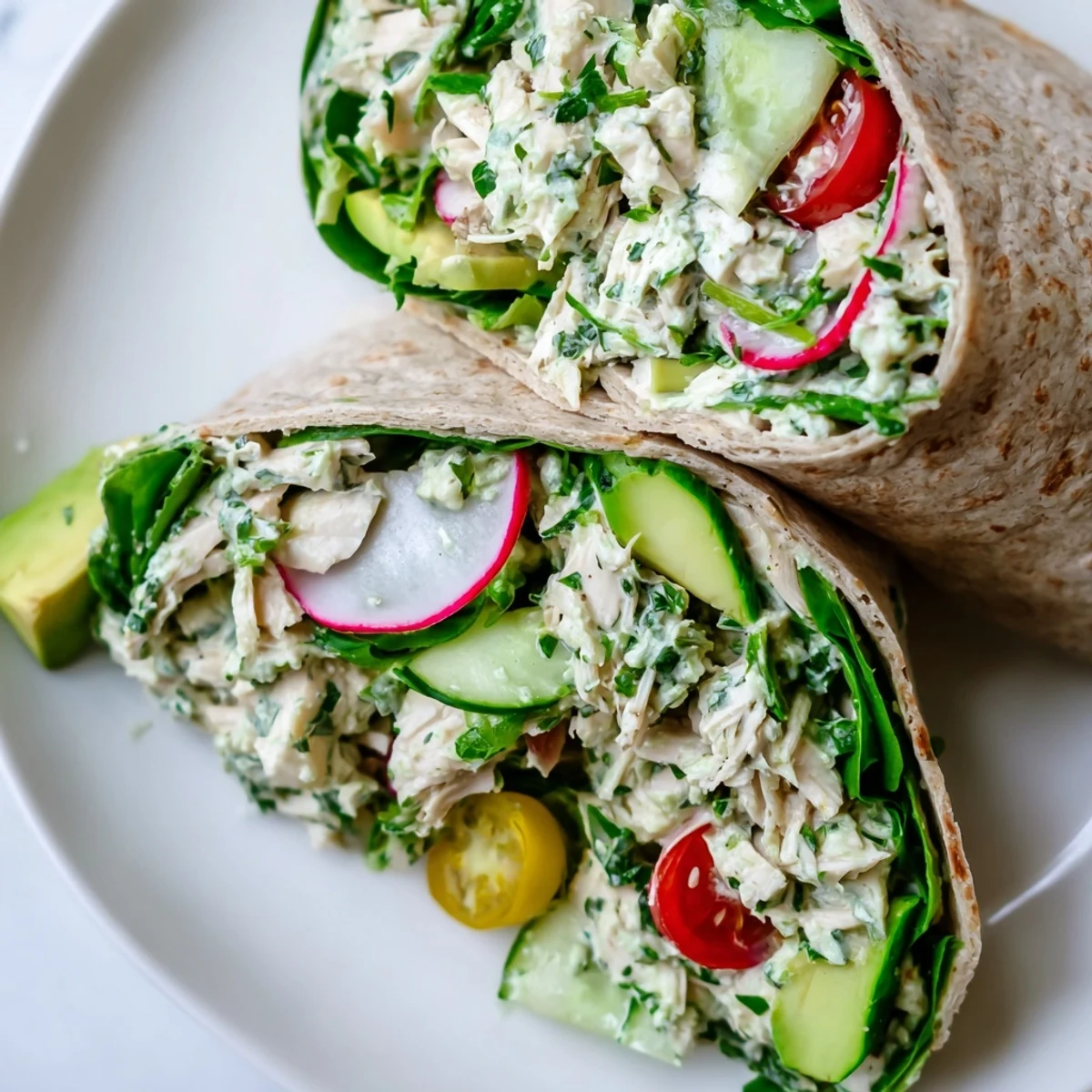 Plated Green Goddess Chicken Salad Wraps halved to show juicy chicken salad, cool cucumbers, and a slice of ripe avocado.