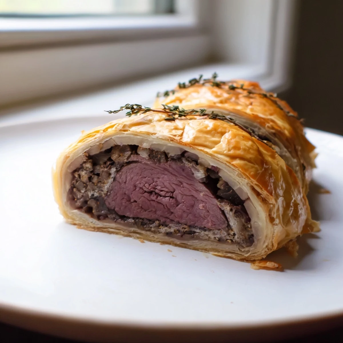Golden, flaky puff pastry encases tender beef fillet and savory mushroom duxelles in this classic Beef Wellington.