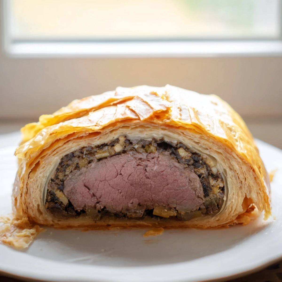 Sliced Beef Wellington reveals juicy medium-rare beef and rich mushrooms, perfect for a festive dinner plate.