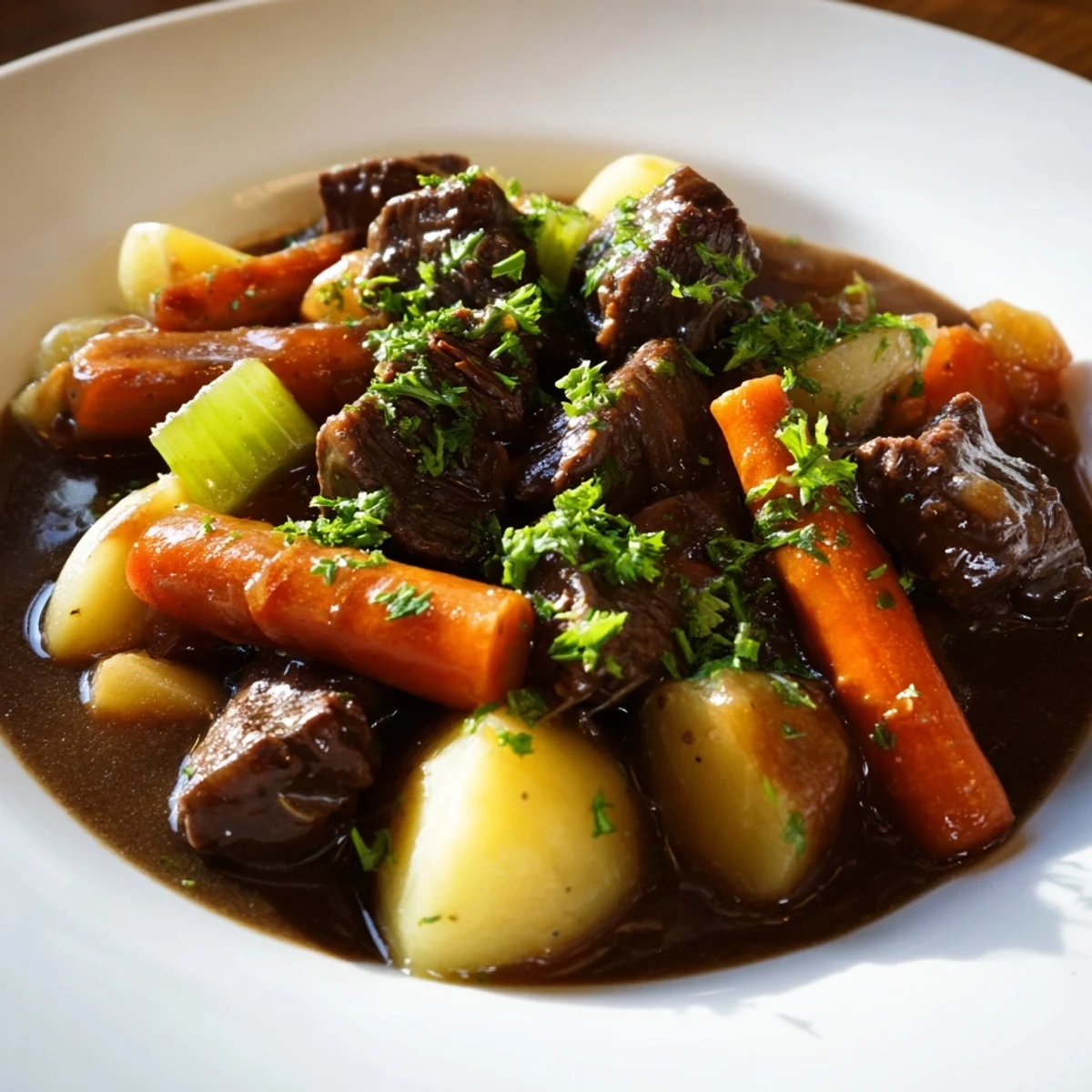 Steaming bowl of hearty Irish Beef Stew with Guinness-style sauce, featuring tender beef, carrots, and potatoes.