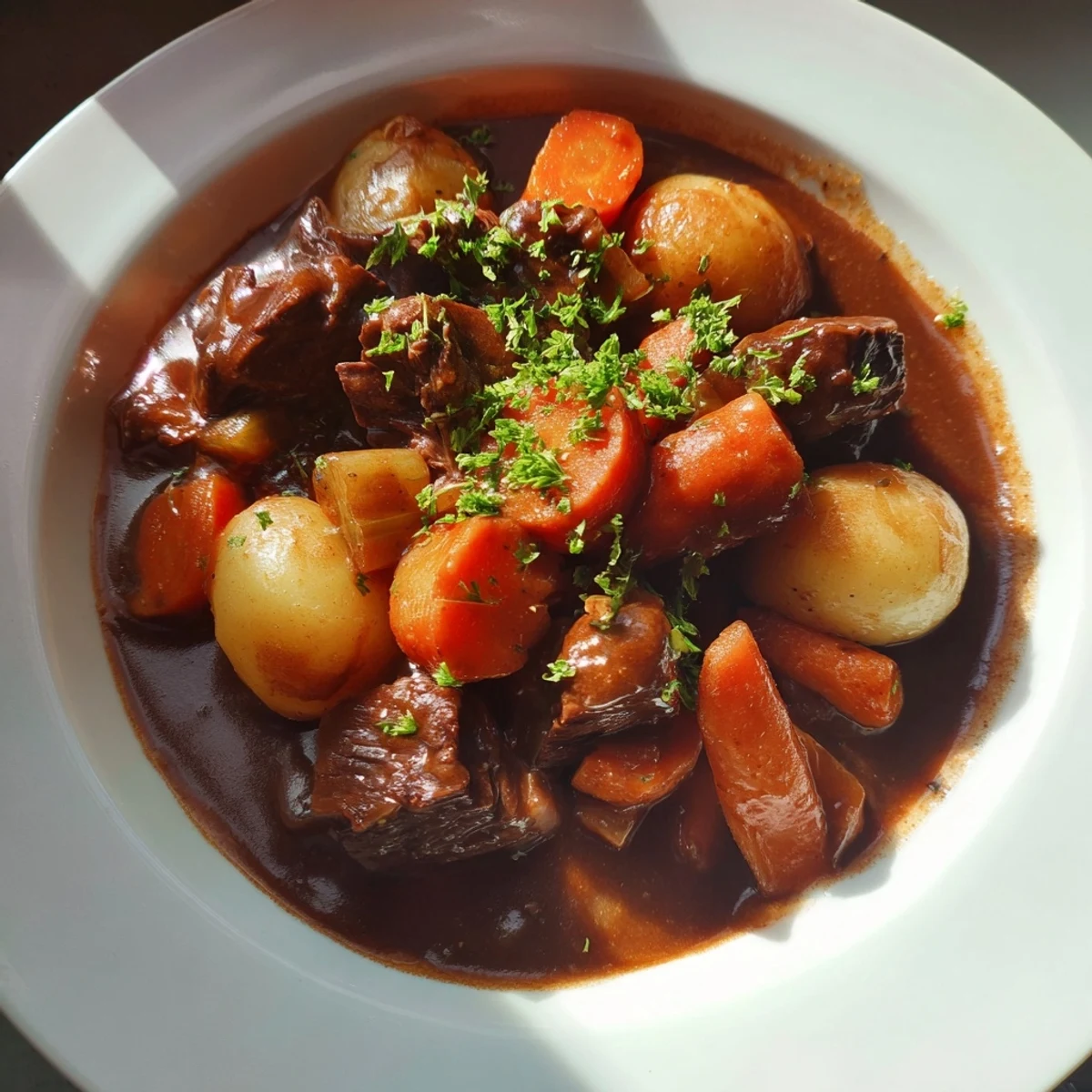 Irish Beef Stew with Guinness-style sauce ladled over mashed potatoes, garnished with fresh parsley and crusty bread nearby.