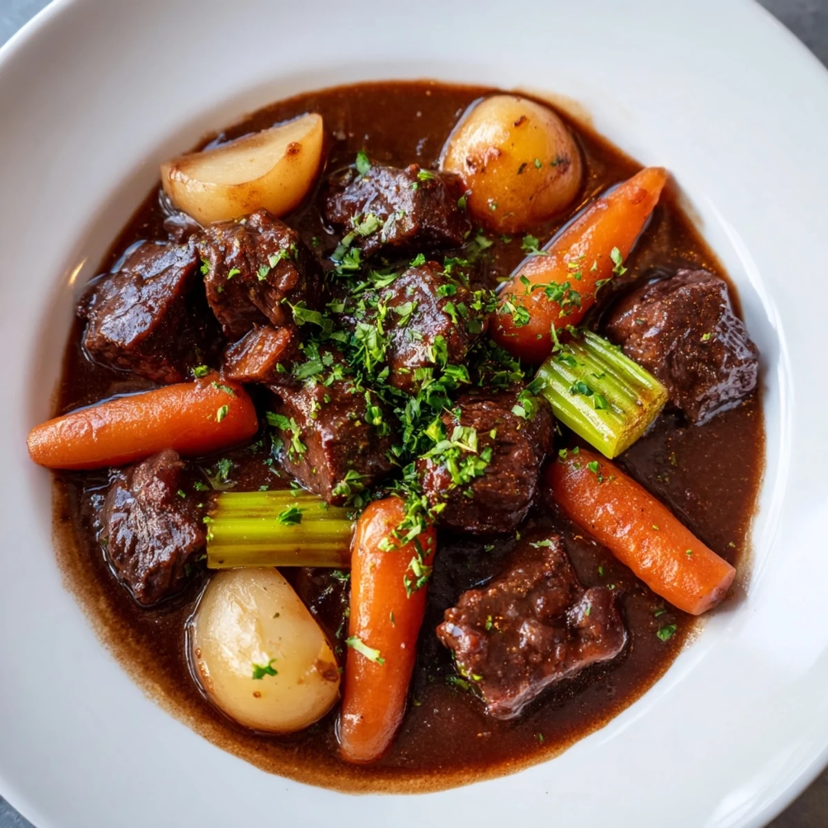 A close-up of rich, dark Irish Beef Stew with Guinness-style sauce, showcasing tender beef chunks and root vegetables.