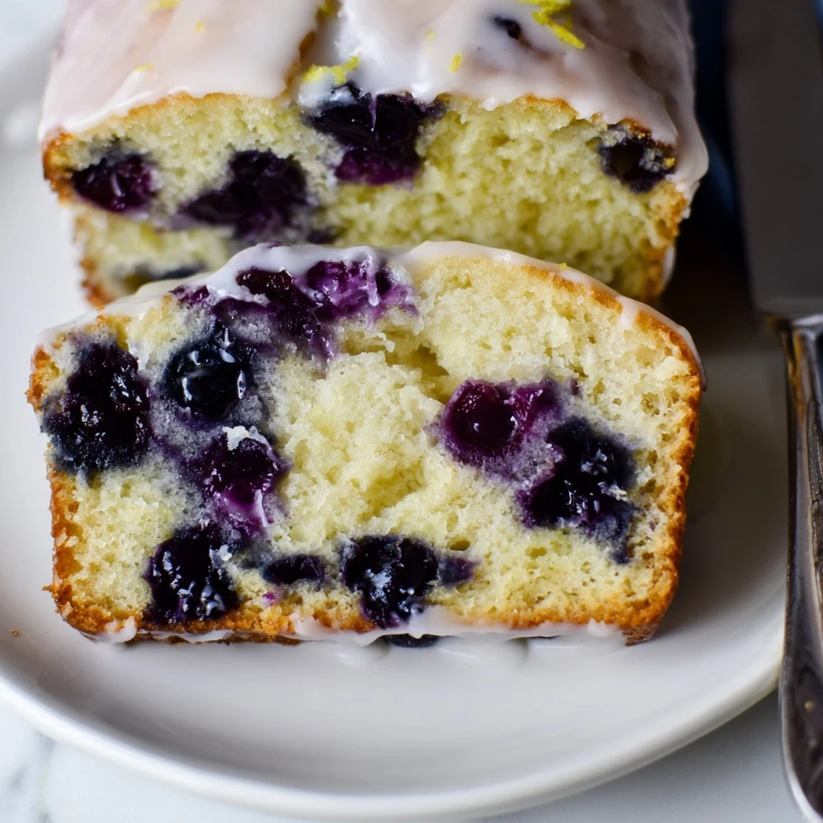 Freshly glazed Lemon Blueberry Yogurt Loaf Cake on a white plate, vibrant blueberries peeking through a tender, tangy slice.  