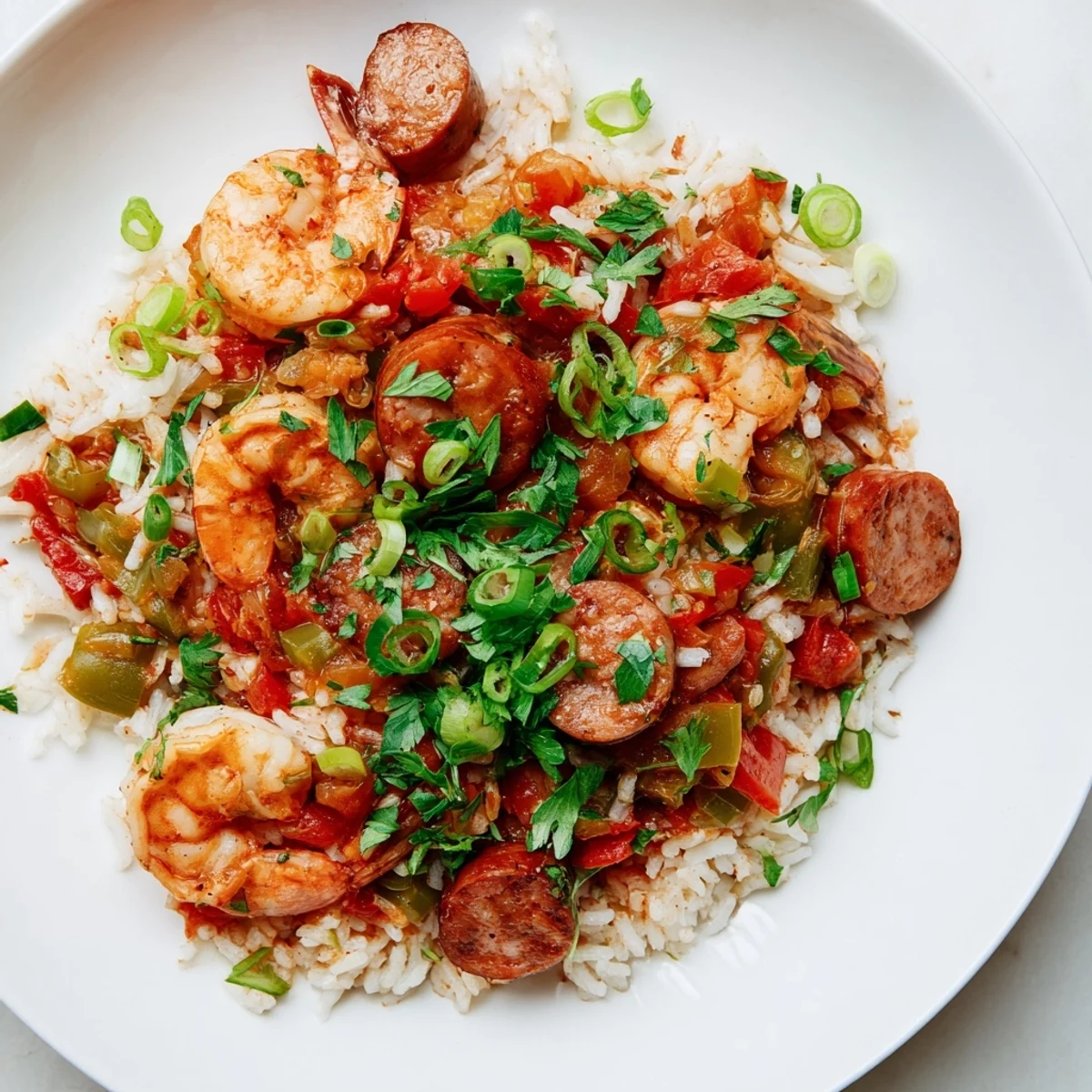 Steaming bowl of Spicy Jambalaya with Shrimp and Turkey Sausage garnished with parsley and lemon wedges.