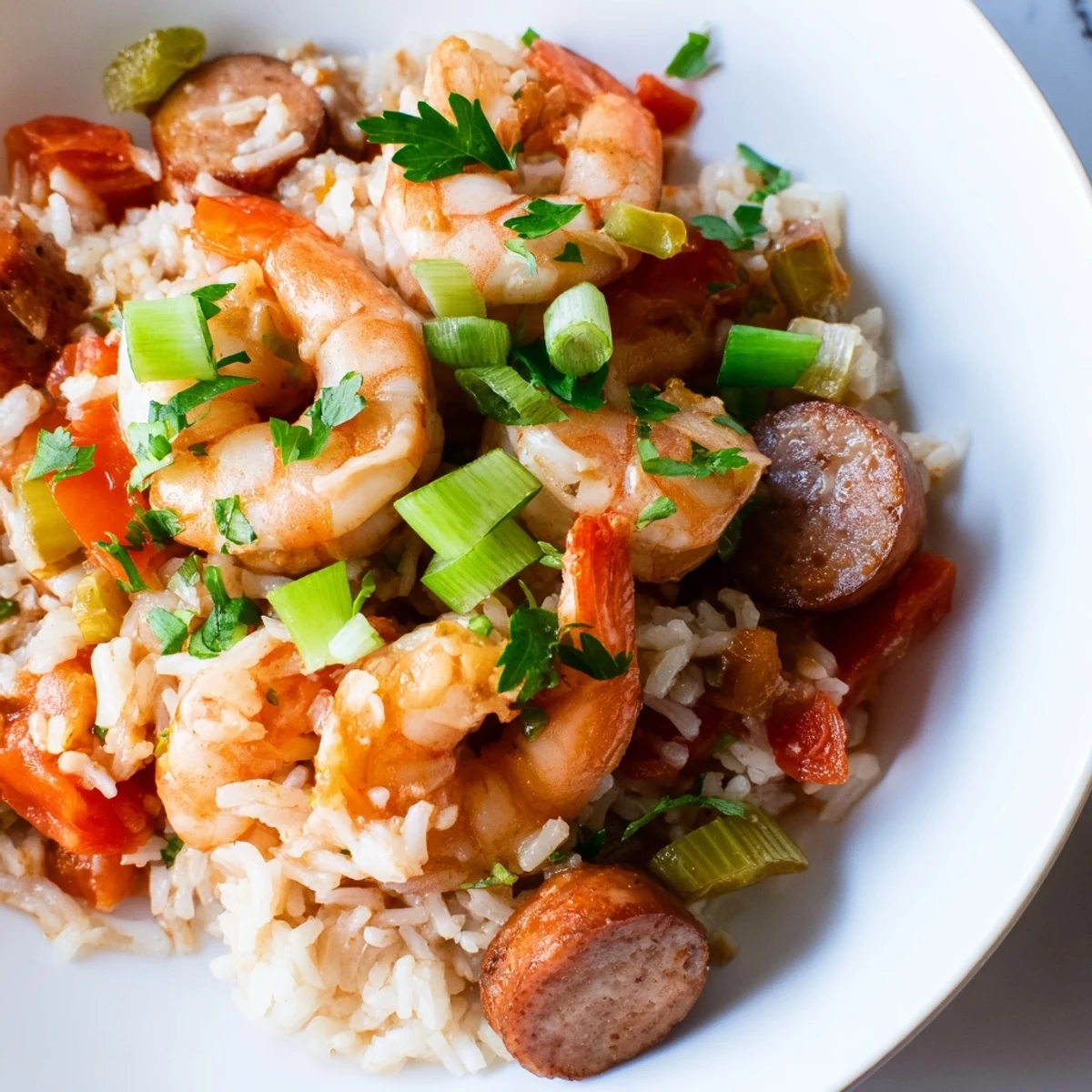Close-up view of Spicy Jambalaya with Shrimp and Turkey Sausage on a rustic wooden table.