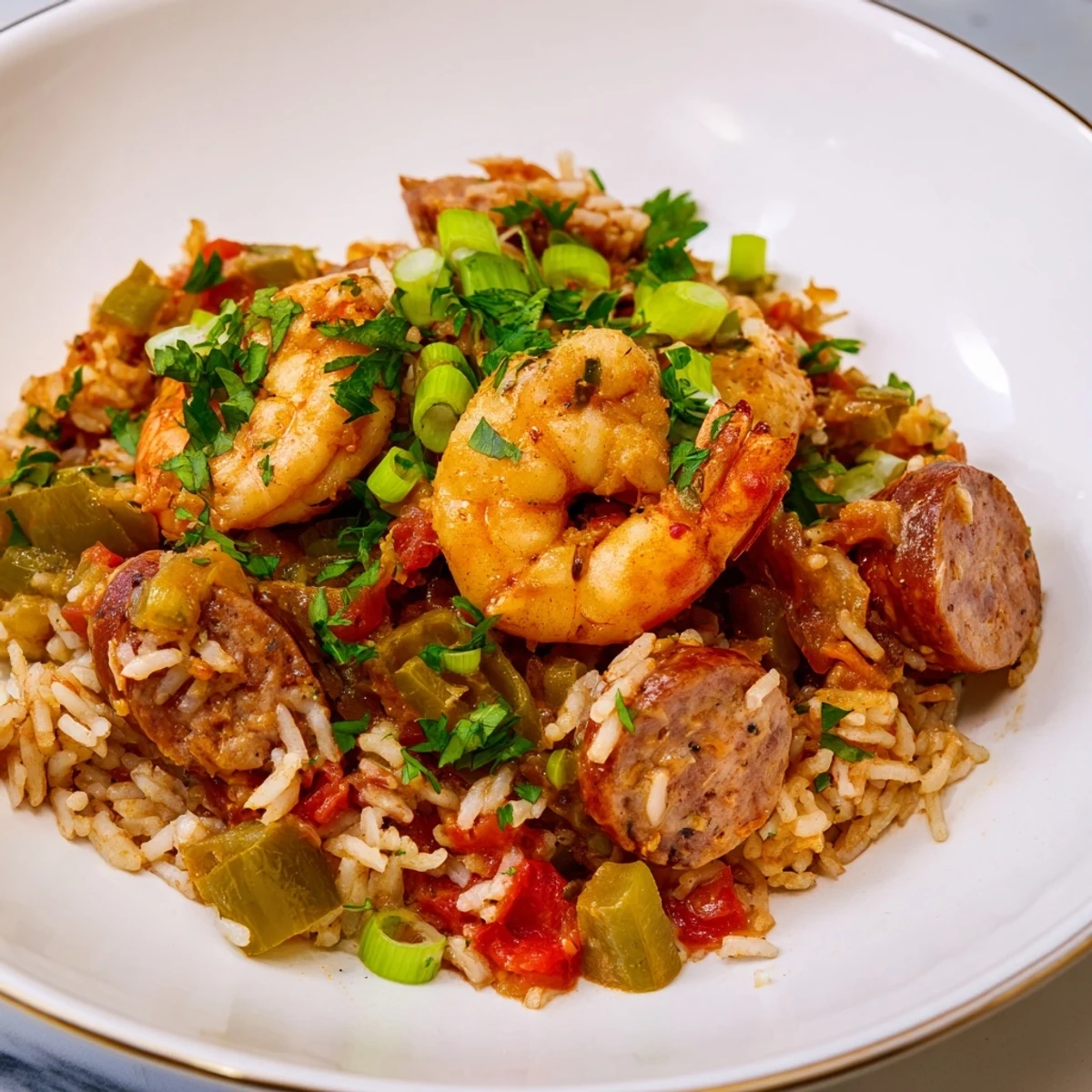 A hearty serving of Spicy Jambalaya with Shrimp and Turkey Sausage ready to be enjoyed.