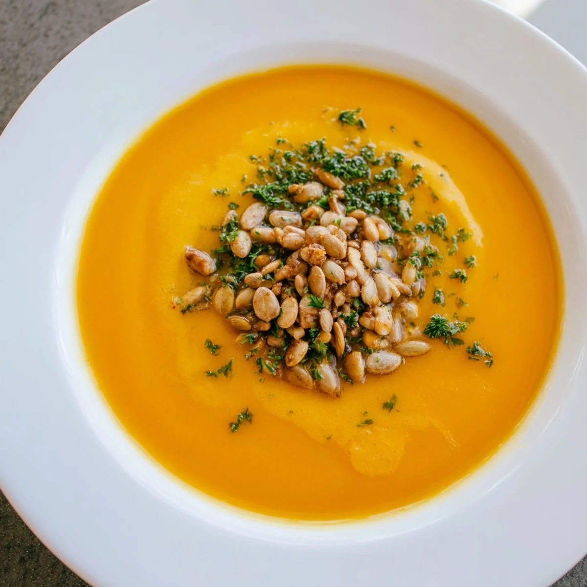 Creamy Pumpkin Soup with Toasted Seeds is a smooth, aromatic bowl topped with crunchy seeds, served steaming hot.