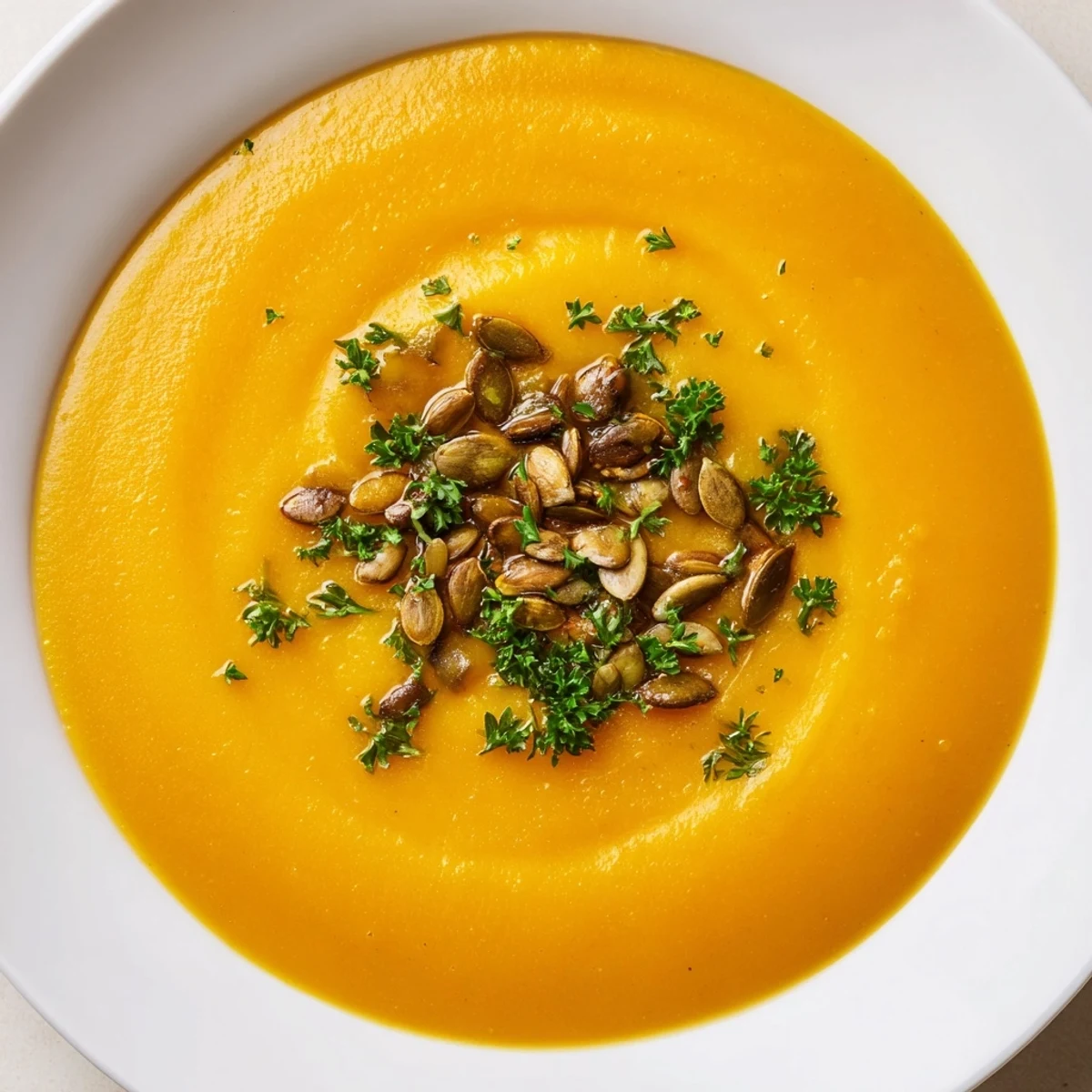A close view of Creamy Pumpkin Soup with Toasted Seeds beside a slice of crusty bread, steam rising invitingly.