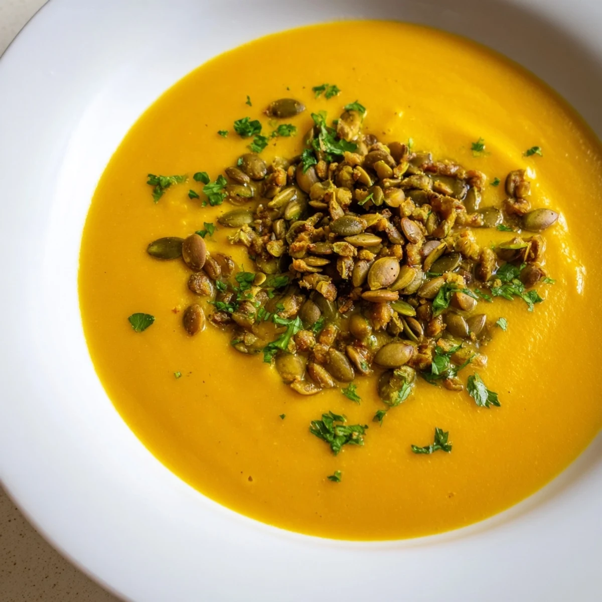 Spoonfuls of Creamy Pumpkin Soup with Toasted Seeds garnished with toasted pumpkin seeds and fresh herbs on rustic bowls.