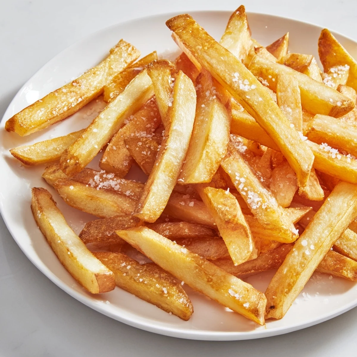 Golden, crispy air fryer French fries with sea salt arranged on a rustic plate, served with ketchup and a burger.  