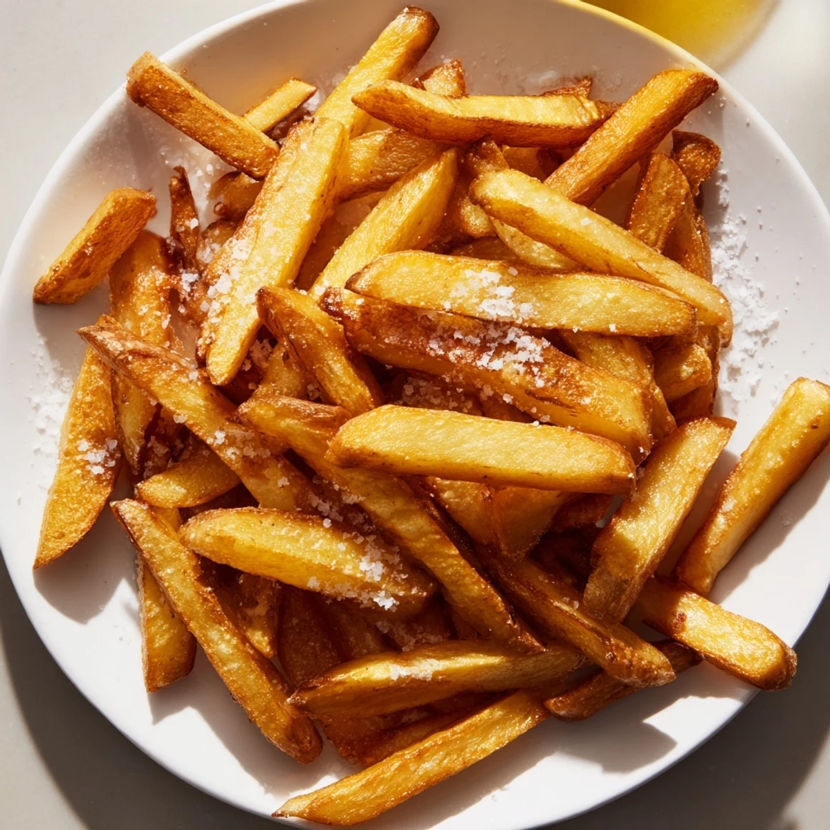 Close-up of golden air fryer French fries with sea salt, glistening with olive oil and served hot.  
