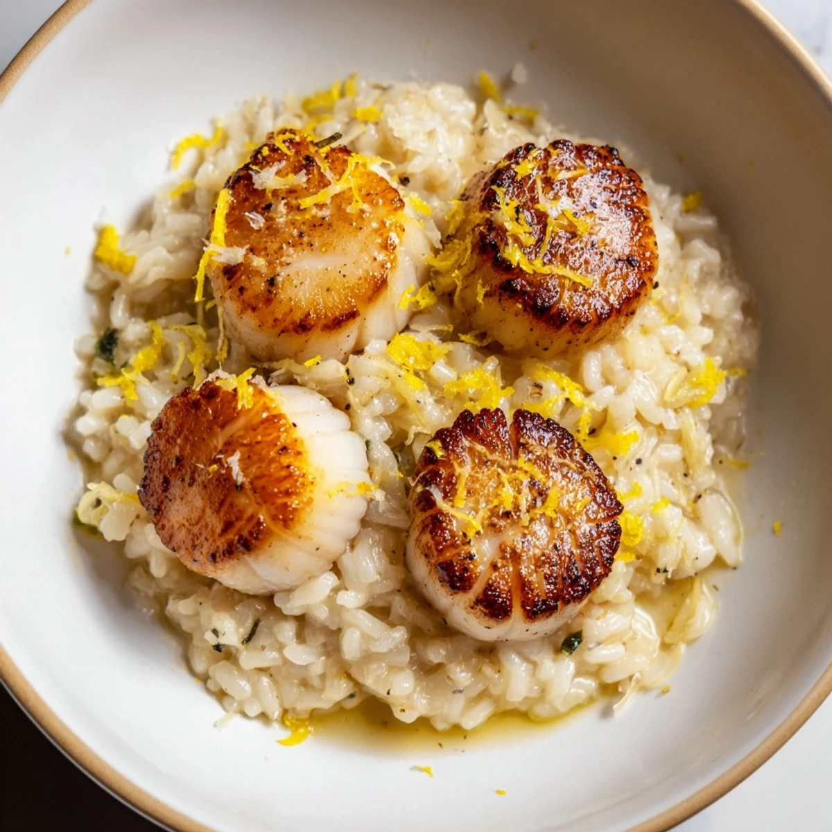 Golden seared scallops with lemon and garlic sit atop a creamy mound of Parmesan risotto in this Lemon Garlic Scallops with Risotto image.