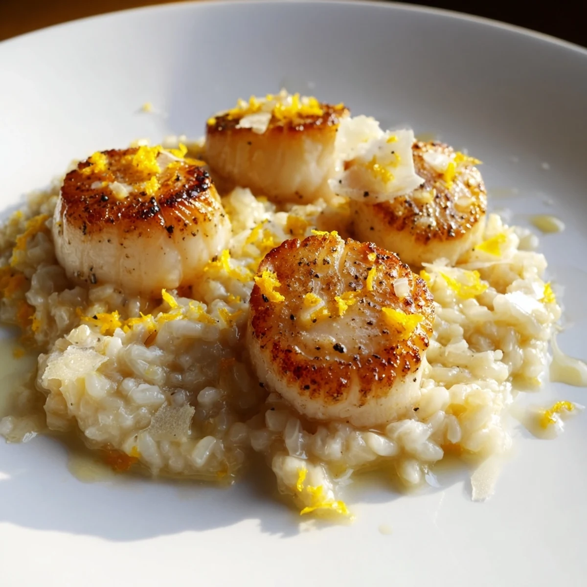 This close-up of Lemon Garlic Scallops with Risotto shows fork-tender seafood glistening with butter and fresh parsley, ready to serve.