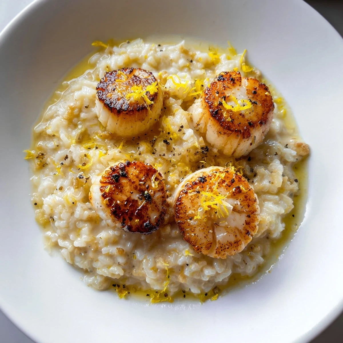 A restaurant-style plate of Lemon Garlic Scallops with Risotto features vibrant yellow zest and a drizzle of pan sauce over the rice.