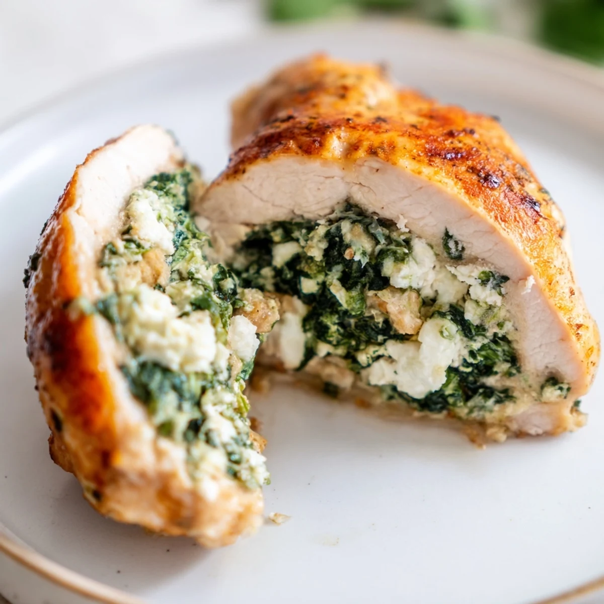 Golden-baked spinach and feta stuffed chicken breast rests on a white plate, garnished with fresh parsley.