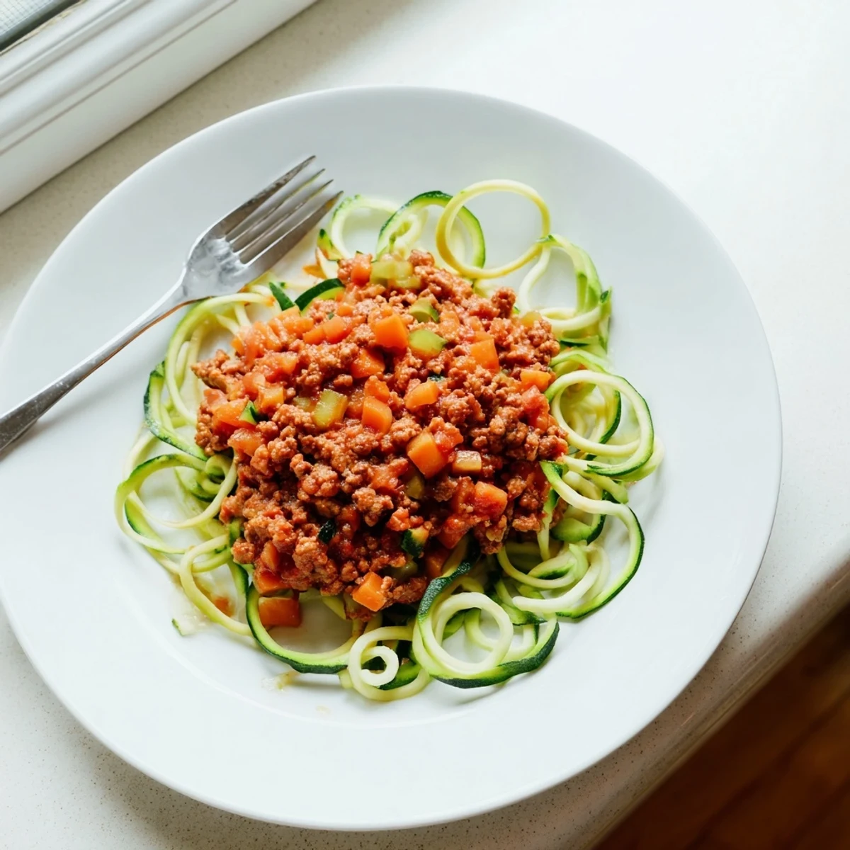 Vibrant turkey Bolognese sauce served over fresh zucchini noodles in a rustic white bowl, garnished with parsley.