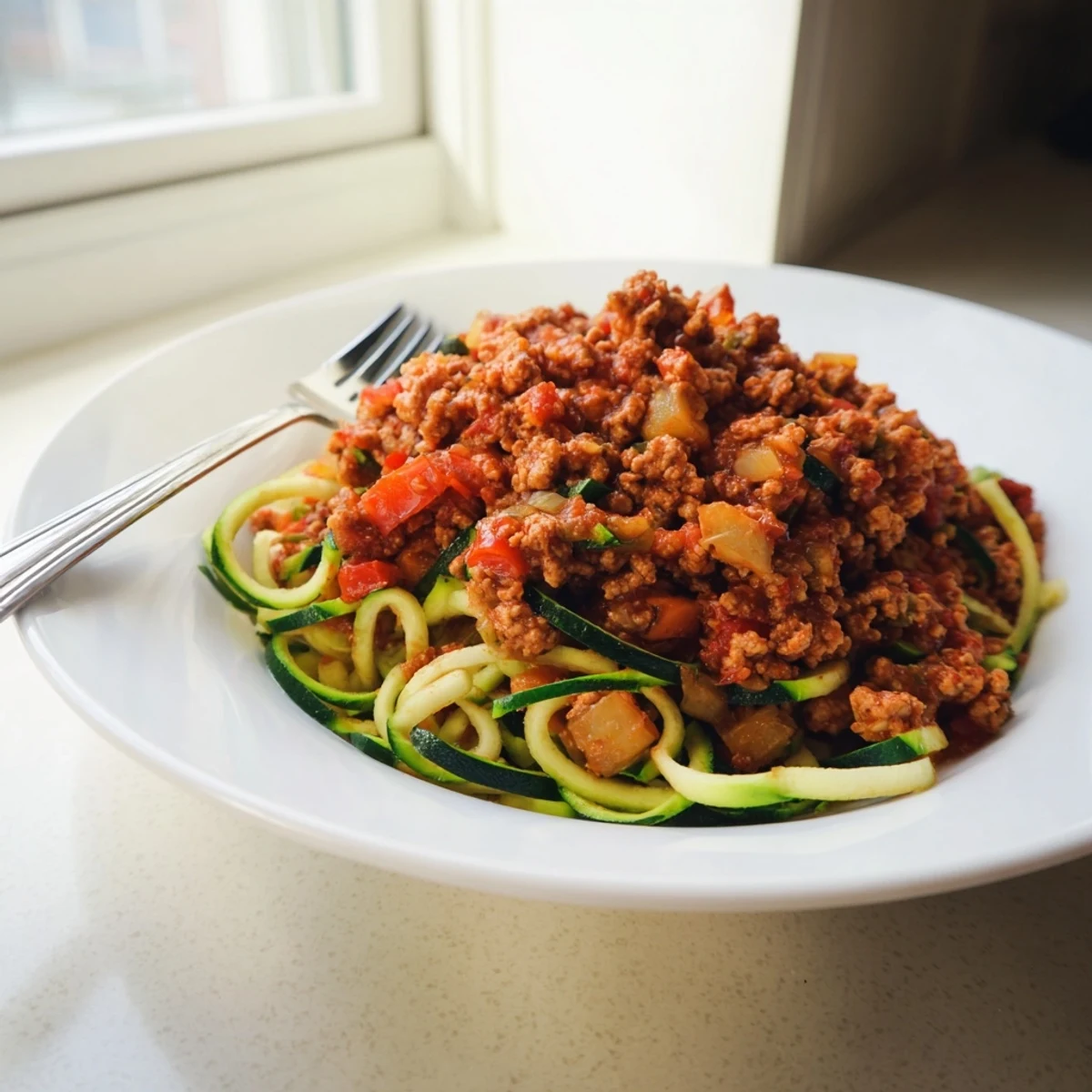A close-up of low-carb turkey Bolognese with spiralized zucchini noodles and a sprinkle of Parmesan cheese.