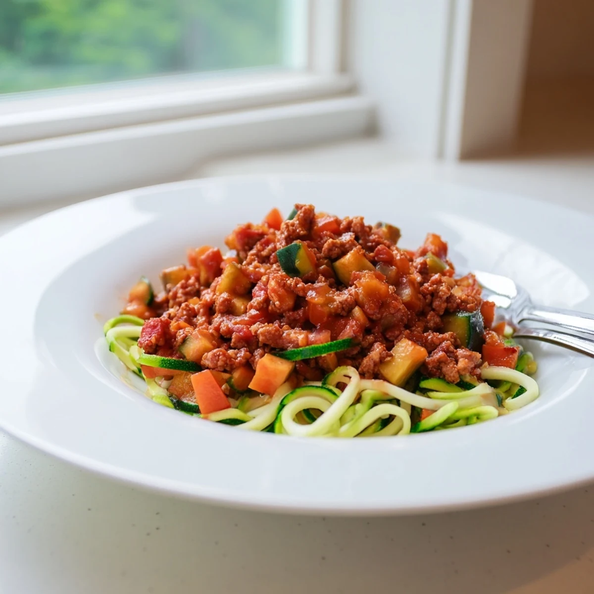 Healthy Italian-style turkey Bolognese sauce with tender zucchini noodles, perfect for a gluten-free weeknight dinner.