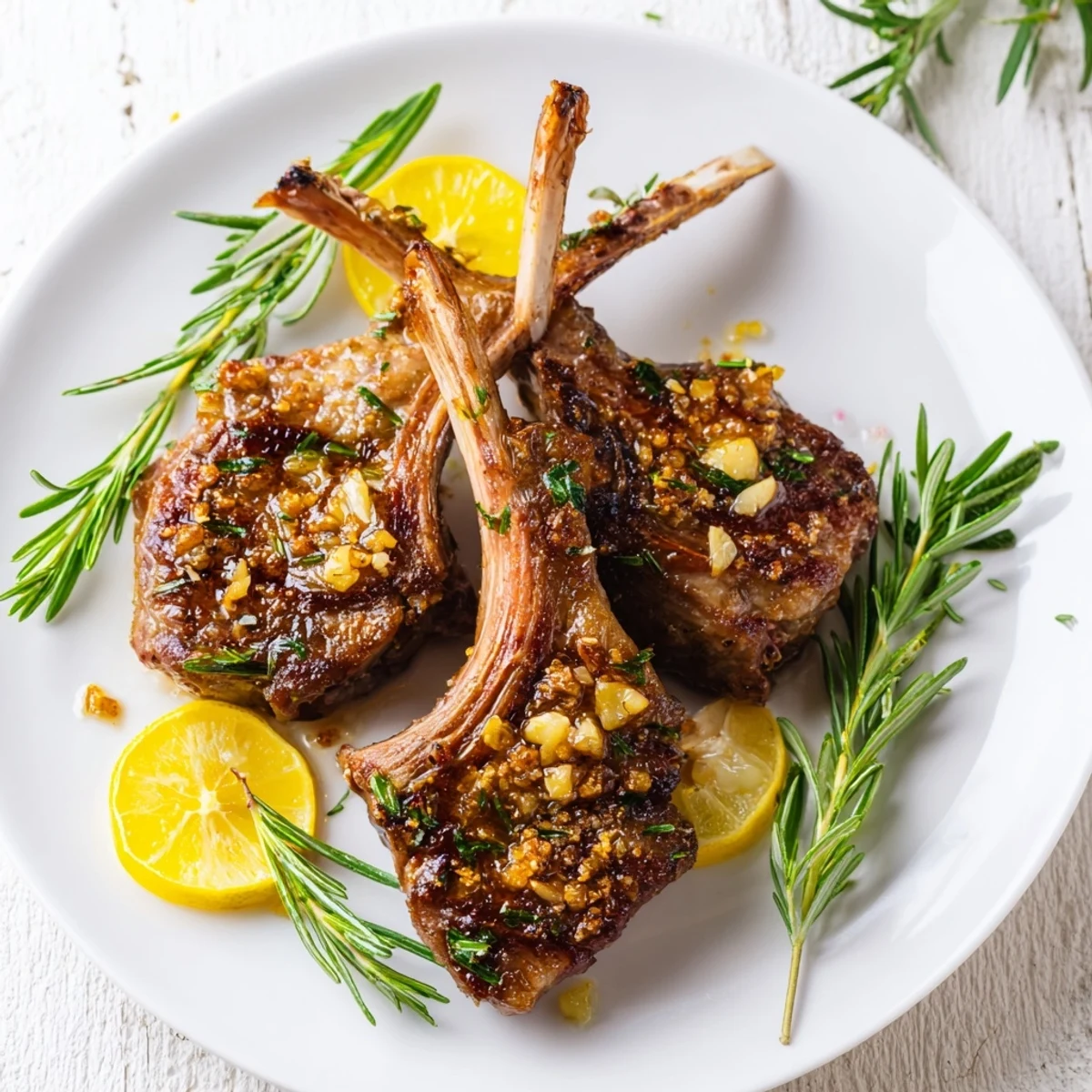 Roasted Lamb Chops with Garlic sizzling in a cast-iron skillet, garnished with fresh rosemary and lemon wedges for a Mediterranean feast.