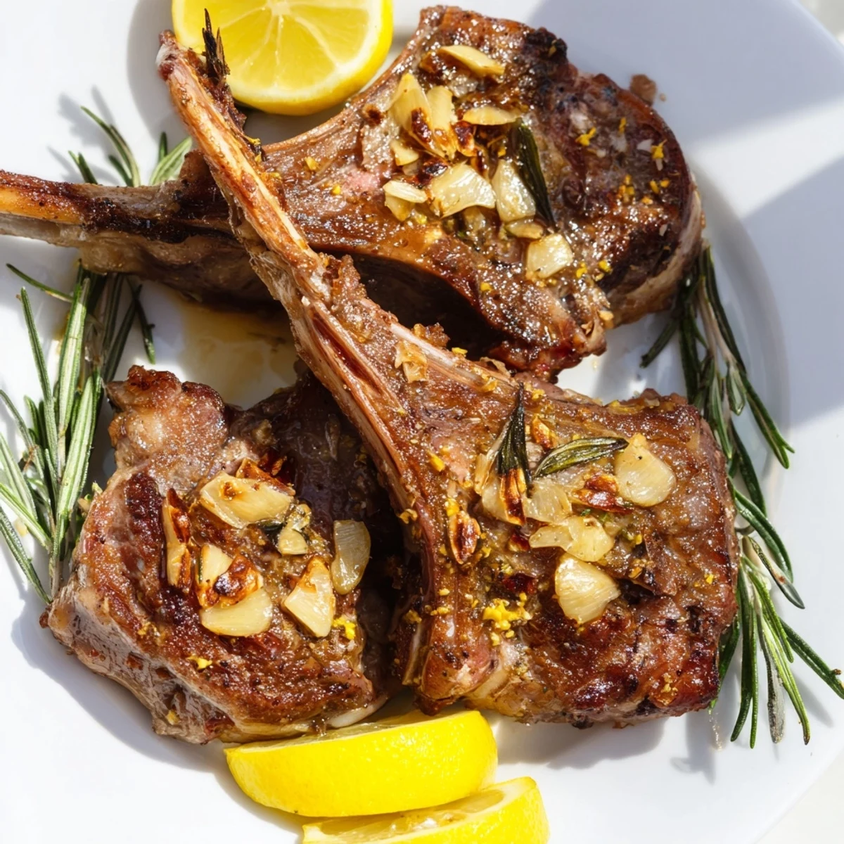 A close-up of perfectly seared Roasted Lamb Chops with Garlic, showcasing tender, juicy meat and a rich, herbaceous crust ideal for special dinners.