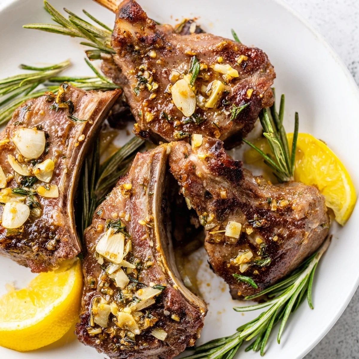 Golden Roasted Lamb Chops with Garlic plated elegantly with roasted potatoes and a glass of bold red wine, perfect for an upscale dinner party.