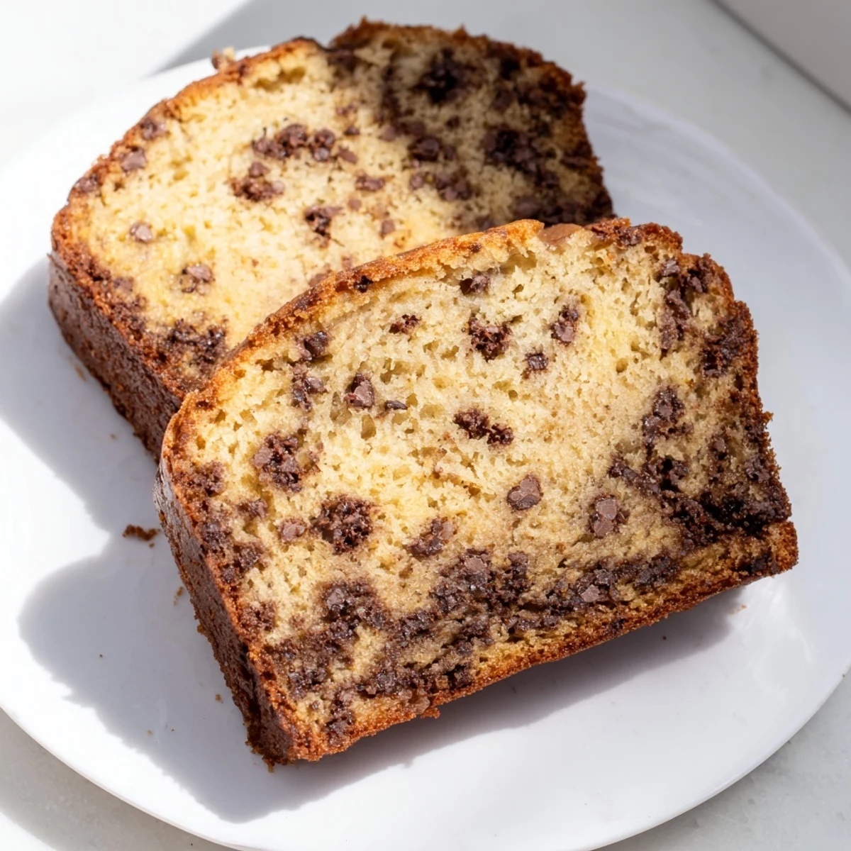 Golden-brown Chocolate Chip Banana Bread loaf sliced and served on a rustic wooden cutting board.