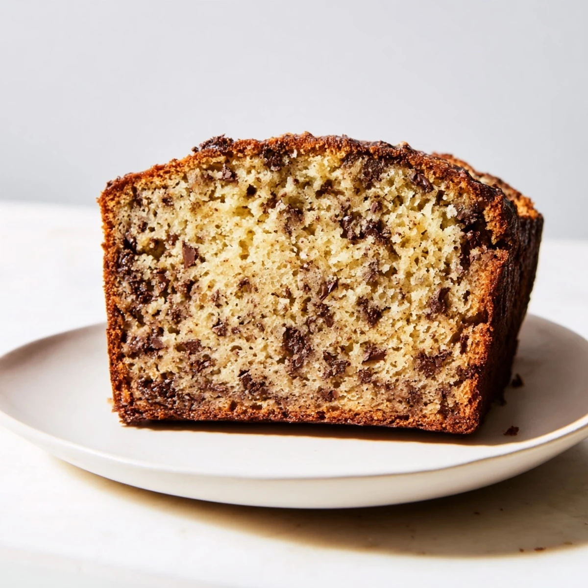 Freshly baked Chocolate Chip Banana Bread cooling on a wire rack with ripe bananas nearby.