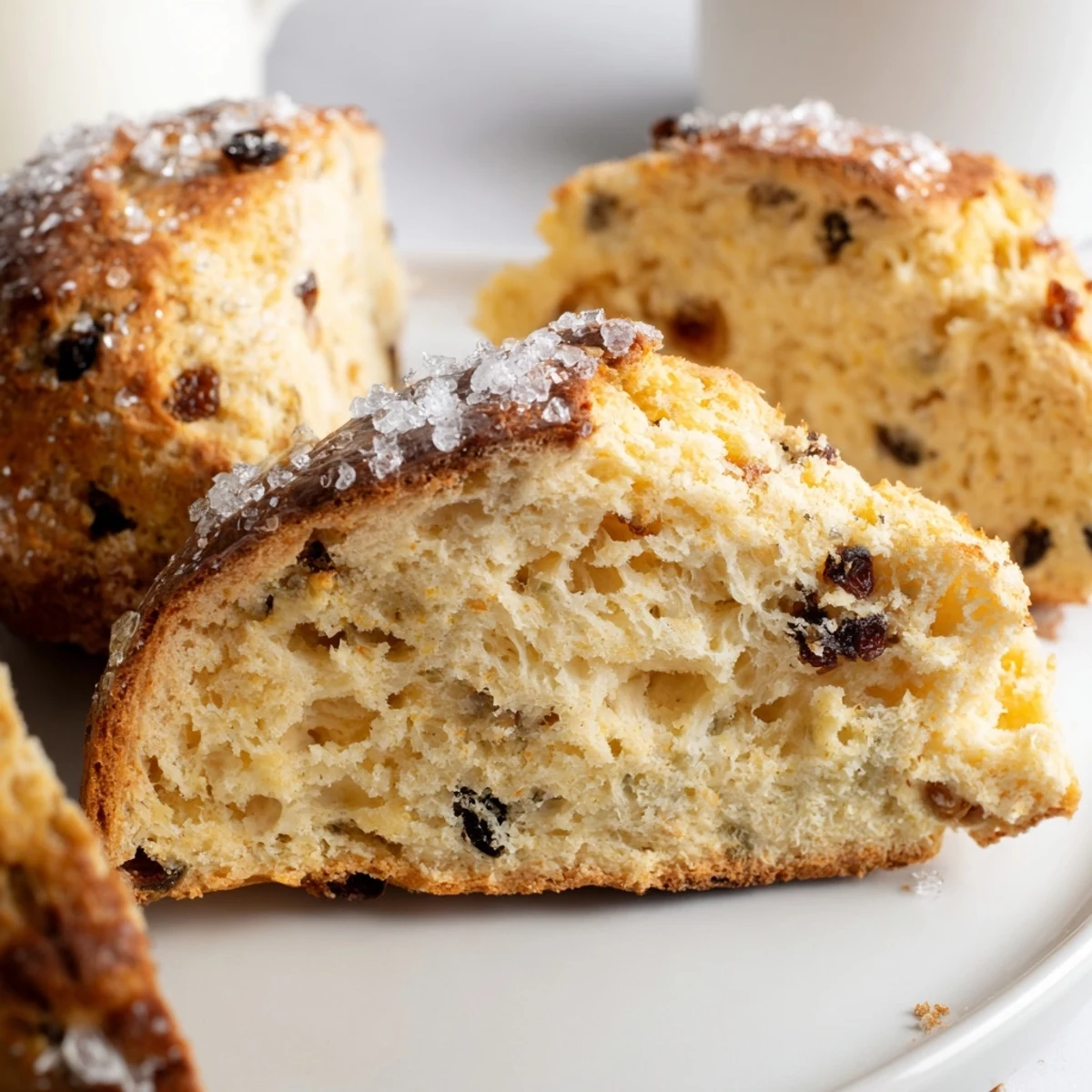 Homemade Irish Soda Bread Scones ready for breakfast or teatime, alongside a cup of coffee and clotted cream.