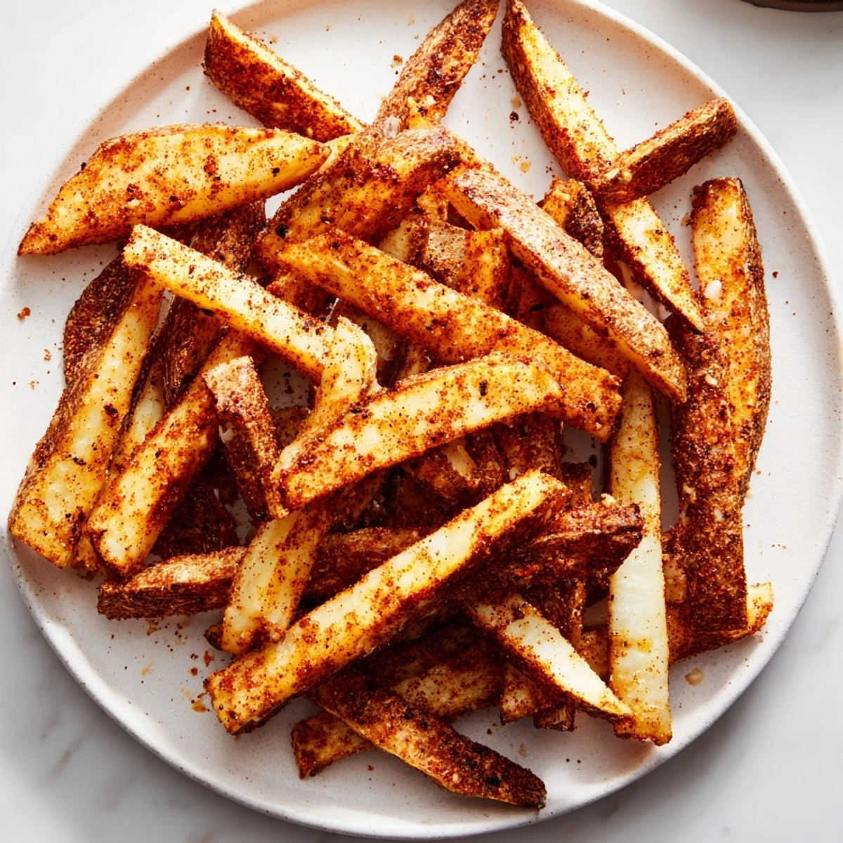 Golden-brown Cajun Spiced Fries with Spicy Mayo piled high on a plate, showcasing their crispy texture and aromatic spices.