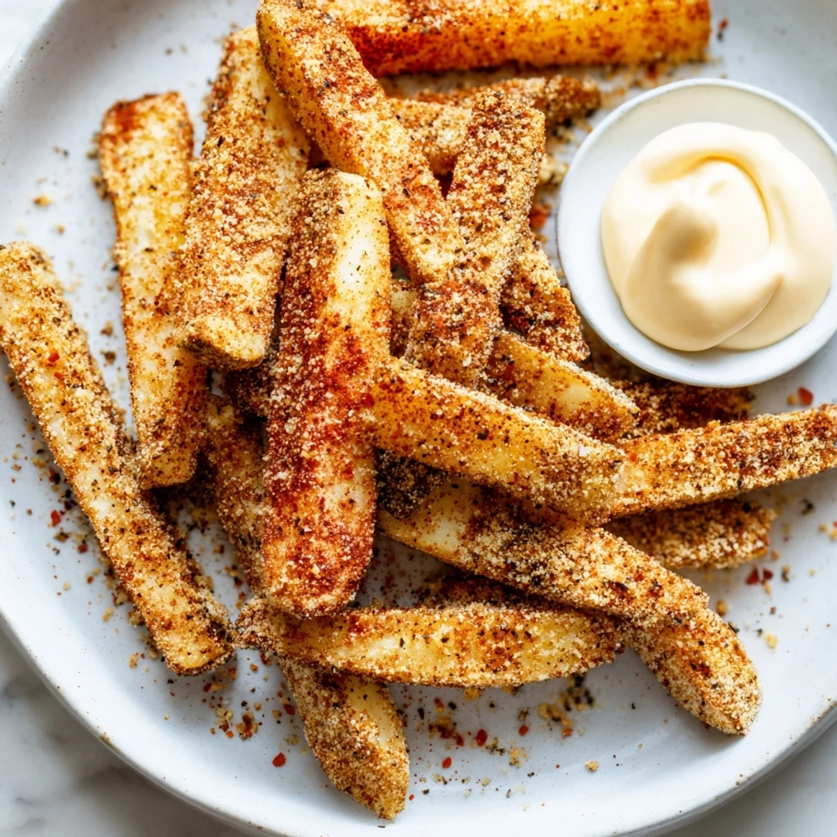 A close-up of oven-baked Cajun Spiced Fries with Spicy Mayo, highlighting their seasoned, crunchy edges and creamy dipping sauce.