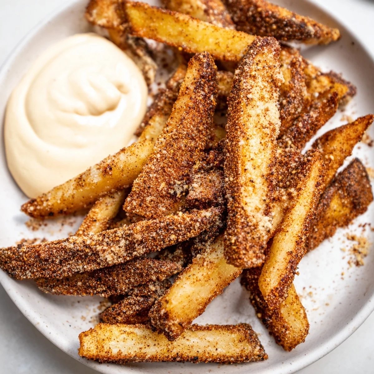 Overhead shot of Cajun Spiced Fries with Spicy Mayo served in a rustic bowl, ready for snacking or a flavorful side.