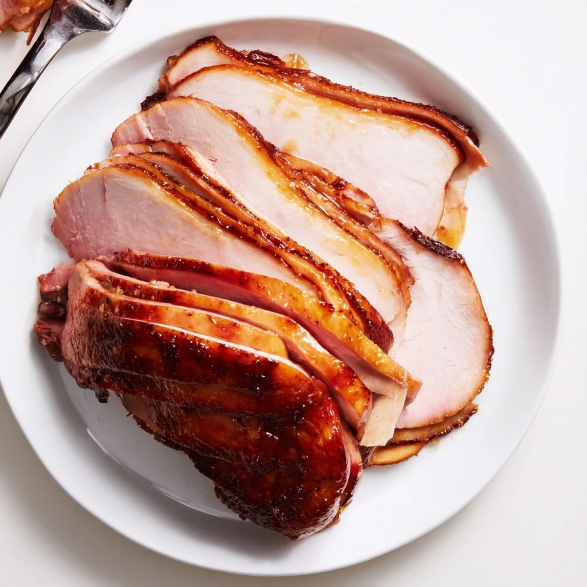 A close-up of Easter Turkey Ham Roast with golden, crispy skin and glazed edges, resting on a white platter with fresh herbs.