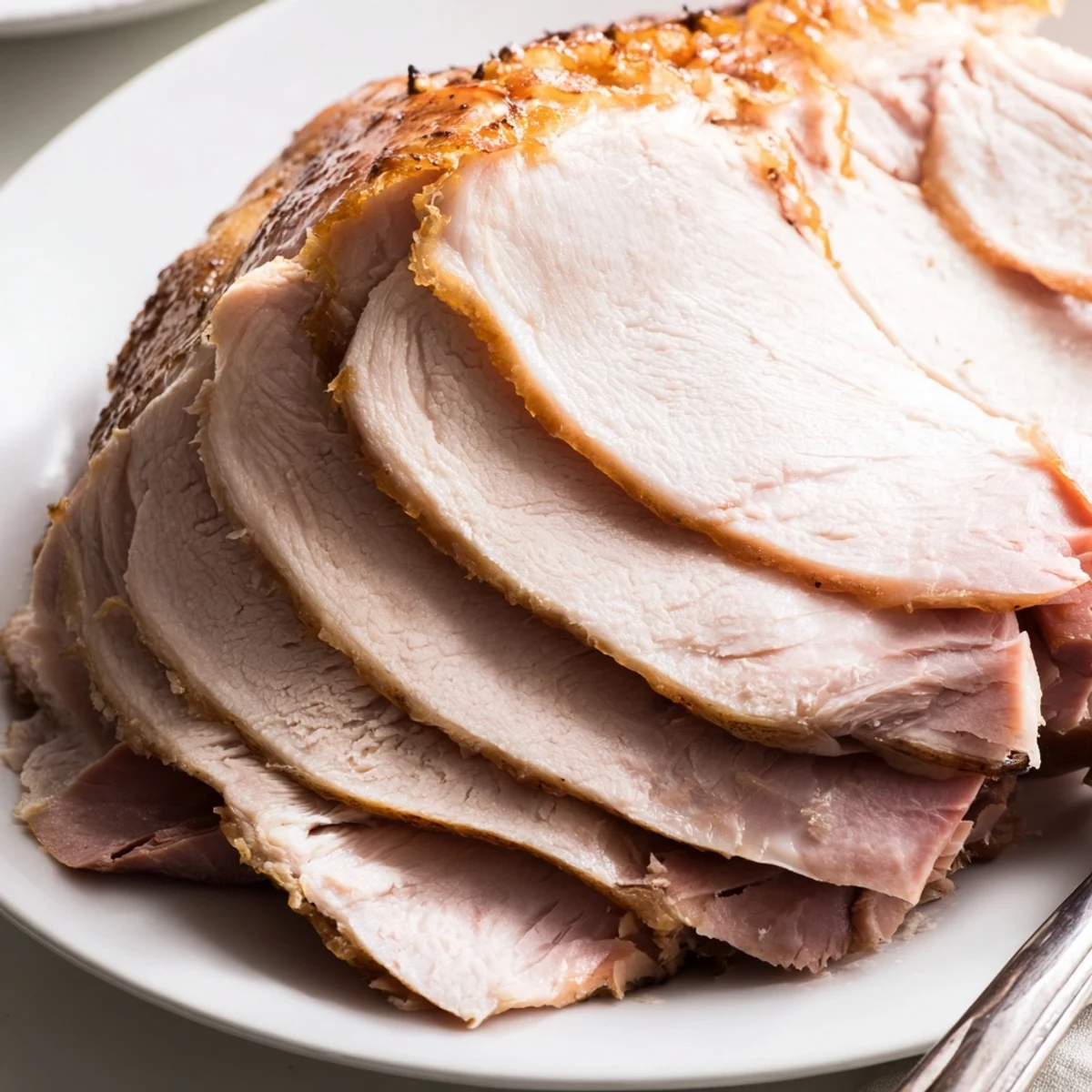 Sliced Easter Turkey Ham Roast reveals tender pink meat layered with smoked ham, served on a rustic wooden board beside steamed green beans.