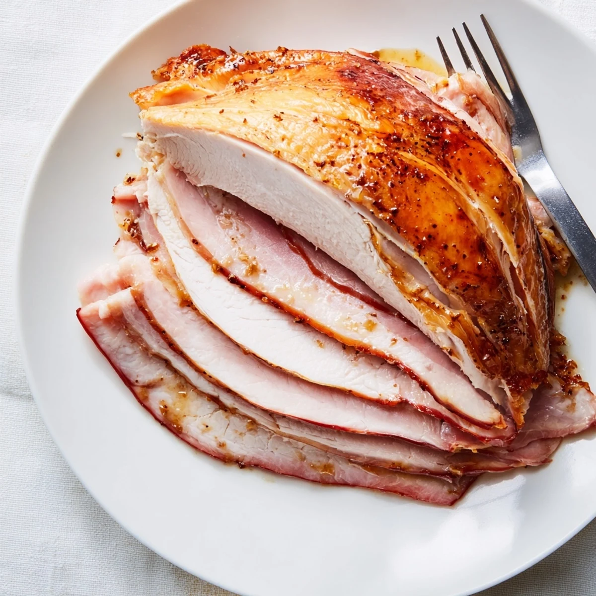 A festive Easter Turkey Ham Roast on a dinner table, garnished with rosemary sprigs and surrounded by colorful spring vegetables for a family meal.
