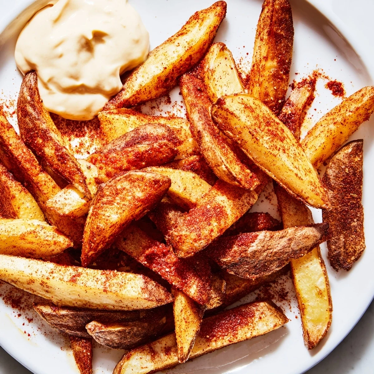 Crispy oven-baked Cajun Spiced Fries with Spicy Mayo arranged on a dark plate, garnished with fresh parsley.